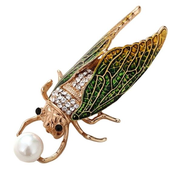 Gold-Tone Insect Brooch With Green Enamel Wings & Faux Pearl - Picture 1 of 1
